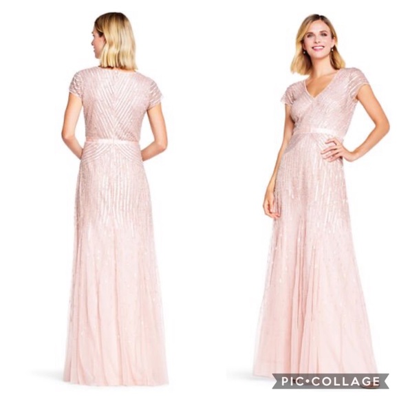 Adrianna Papell beaded V-neck cap sleeves long gown - Picture 3 of 13